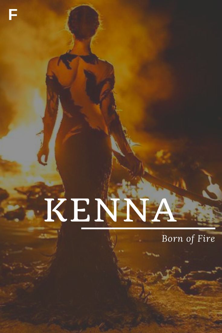 a woman standing in front of a fire with the words kerna written on it