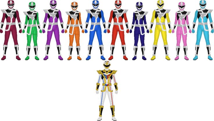 the power rangers are all lined up in different colors and sizes, including yellow, red, blue, green, purple, orange