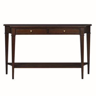 a wooden console table with two drawers on one side and an open shelf at the top