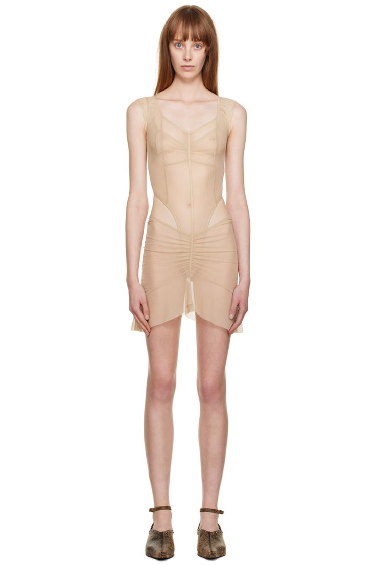 KNWLS: Beige Celest Minidress | SSENSE Fitted Nylon Dresses With Sheer Details, Fitted Sheer Nylon Dress, Fitted Sheer Dresses Made Of Nylon, Sheer Stretch Nylon Mini Dress, Sheer Fitted Mesh Dress In Nylon, Sheer Fitted Nylon Mesh Dress, Fitted Sheer Mesh Dress In Nylon, Sheer Nylon Bodycon Dress, Sheer Sleeveless Nylon Mesh Dress