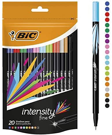 an assortment of crayons and markers in a package with the contents labeled intensity fine