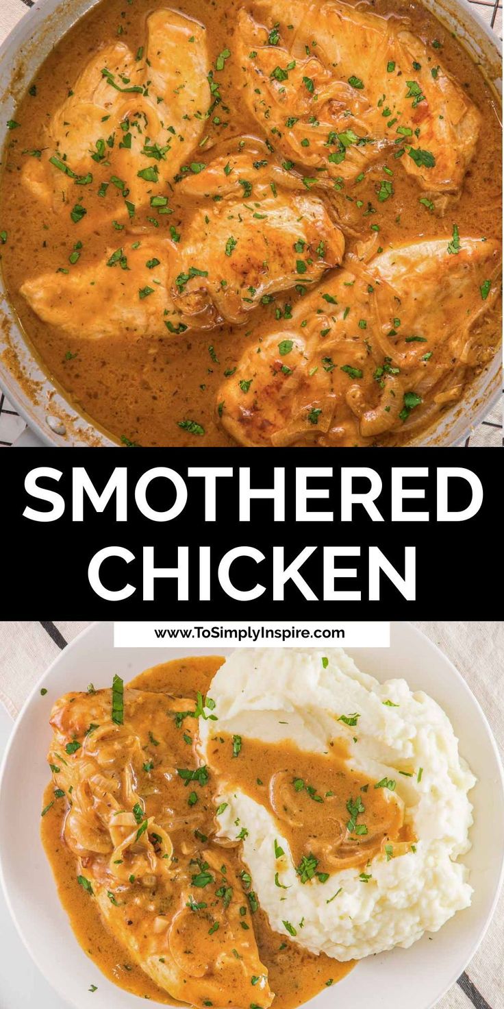 chicken with gravy and mashed potatoes in a skillet