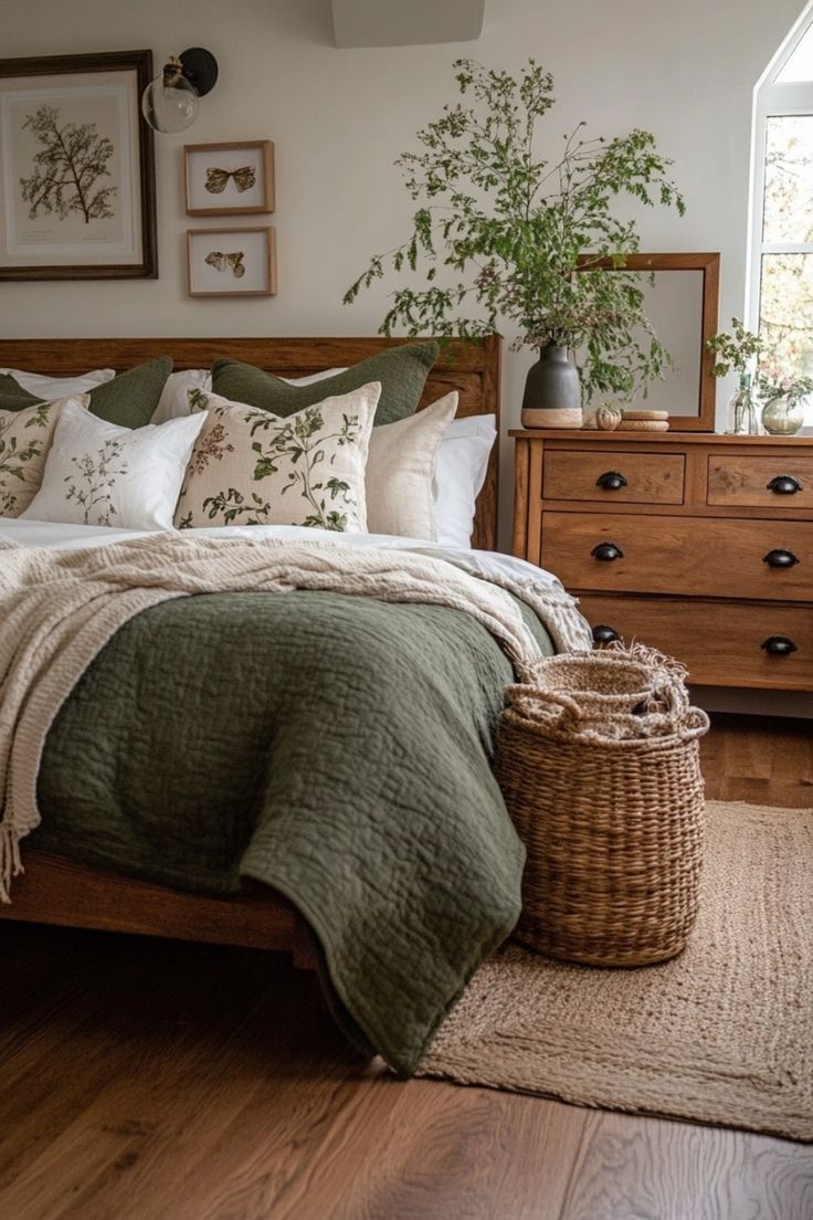 a bed with pillows and blankets in a bedroom next to a basket on the floor