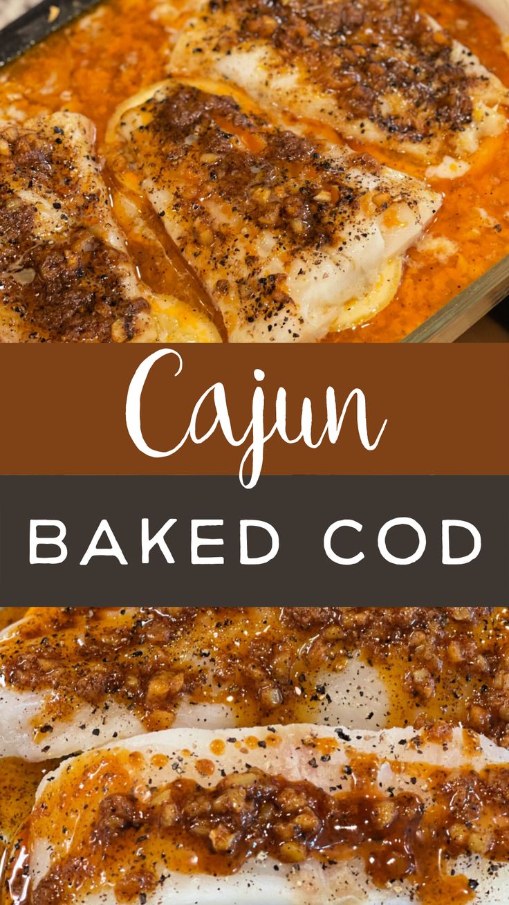 cajun baked in a casserole dish with text overlay