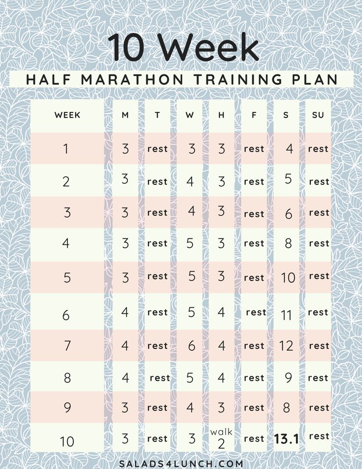 the 10 week half marathon training plan is shown in pink and blue with white flowers