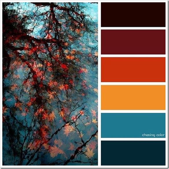 the color palette is red, orange, and blue with leaves on branches in it