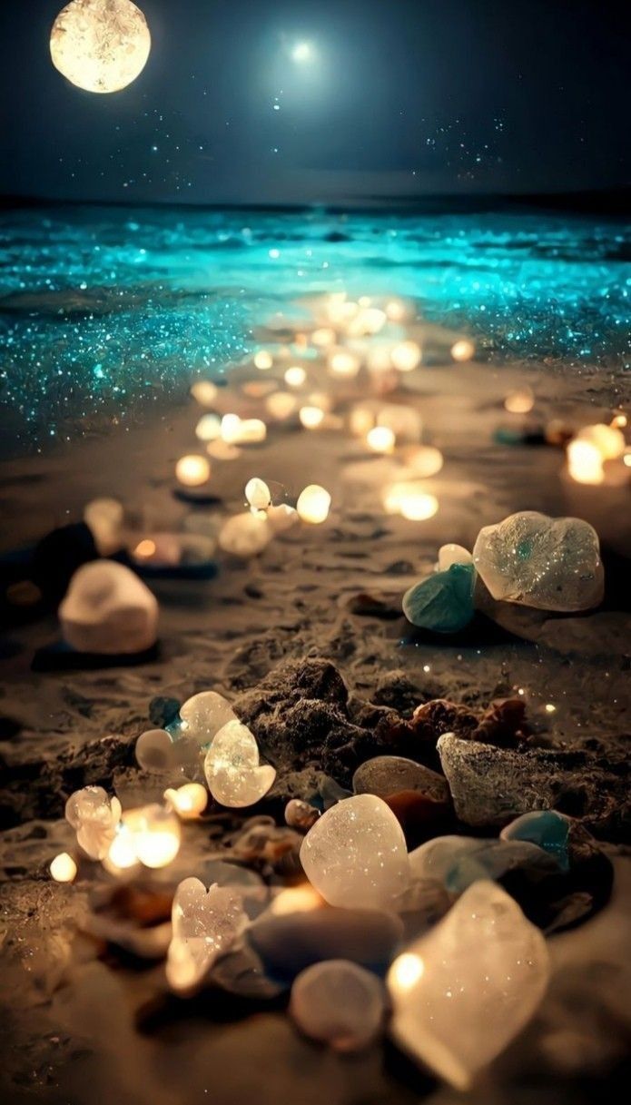 the beach is filled with lots of small rocks and lit up candles in the sand