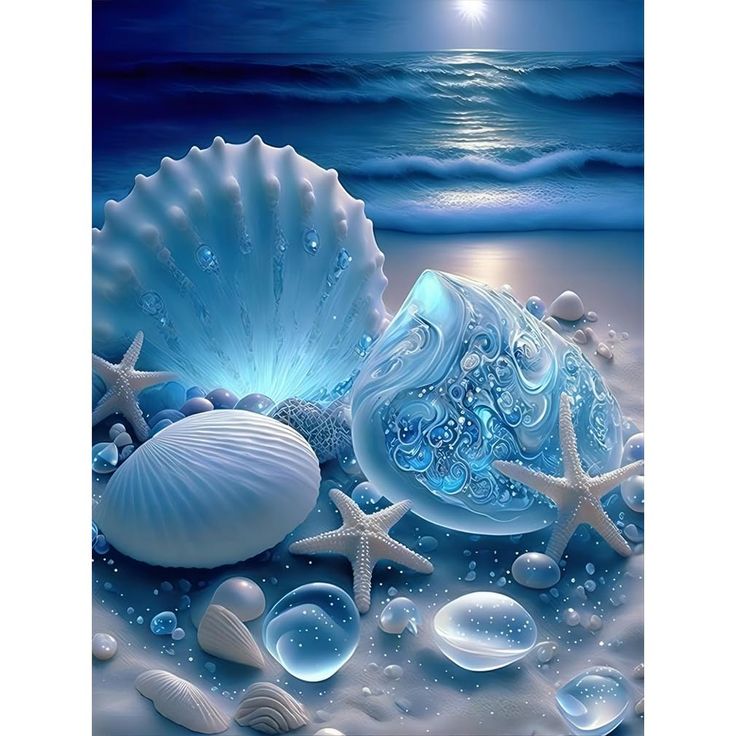 an image of seashells and starfish on the beach at night with moon