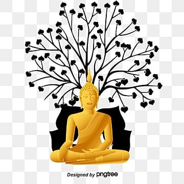 a buddha statue sitting in front of a tree filled with leaves and flowers, on a white background