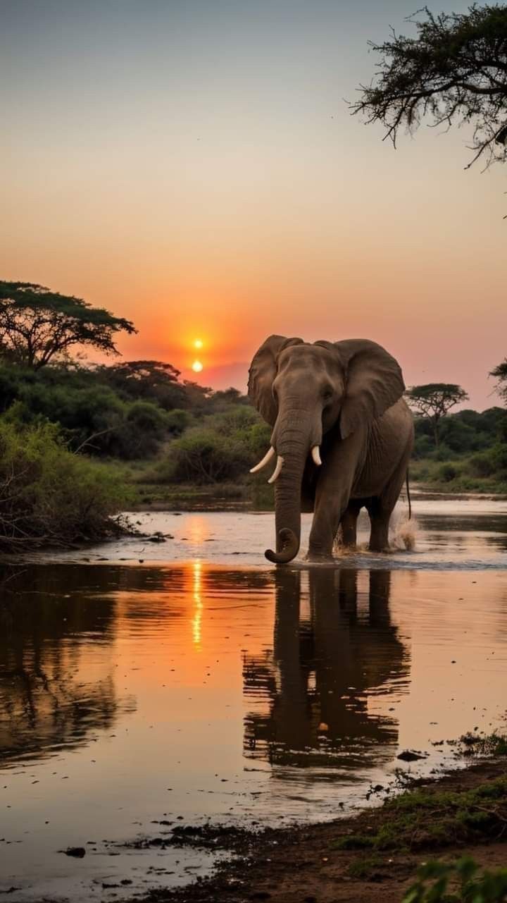 an elephant is standing in the water at sunset