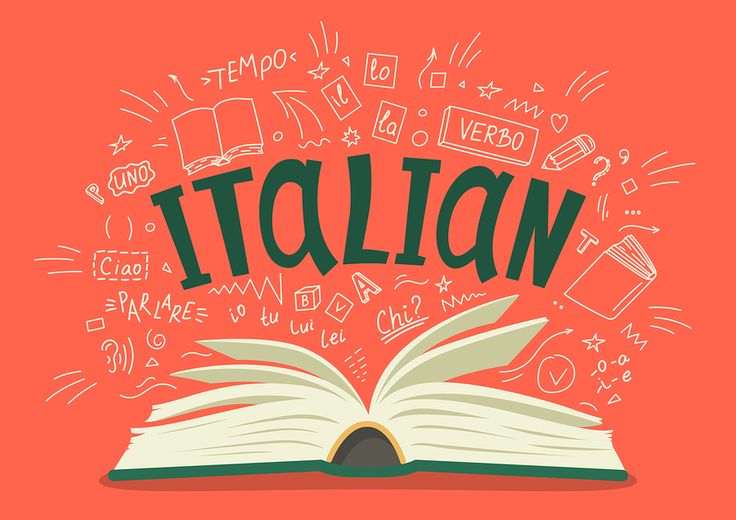 an open book with the word italian written in front of it, surrounded by doodles