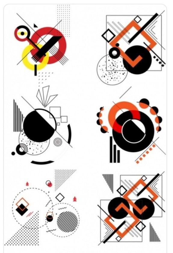 four different abstract designs in black, white and orange on a white background stock photo