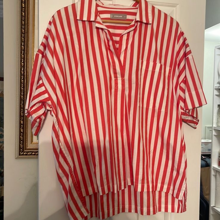 Love This Blouse So Much- But Haven’t Reached For It. Firm On Price But Would Consider A Trade For Tradlands Or Eileen Fisher Size Xl Or 1x Summer Top With Striped Collar, Summer Daywear Top With Striped Collar, Short Sleeve Top With Striped Collar For Daywear, Red Summer Top With Striped Collar, Red Spring Top With Striped Collar, Red Top With Striped Collar For Spring, Striped Short Sleeve Tops For Daywear, White Summer Blouse With Striped Collar, Red Summer Shirt For Daywear