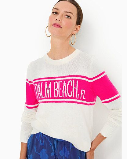 Straight fit, crewneck, pullover sweater with novelty stripes and wording. 24" in length (based on a size small/4). Fits against body at chest and hip with more room at the waist.  Cozy Cotton Blend (47% Acrylic, 43% Cotton, 10% Polyester, exclusive of decoration). Hand wash cold, separately, or dry clean. Imported. Cozy up to the bold style of our Kelsa Sweater. Beach Sweater, Color Season, Spring Color, Palm Beach Fl, Bold Style, Jumpsuit Shorts Rompers, Dress Gift, Trendy Clothes For Women, Passion Fruit