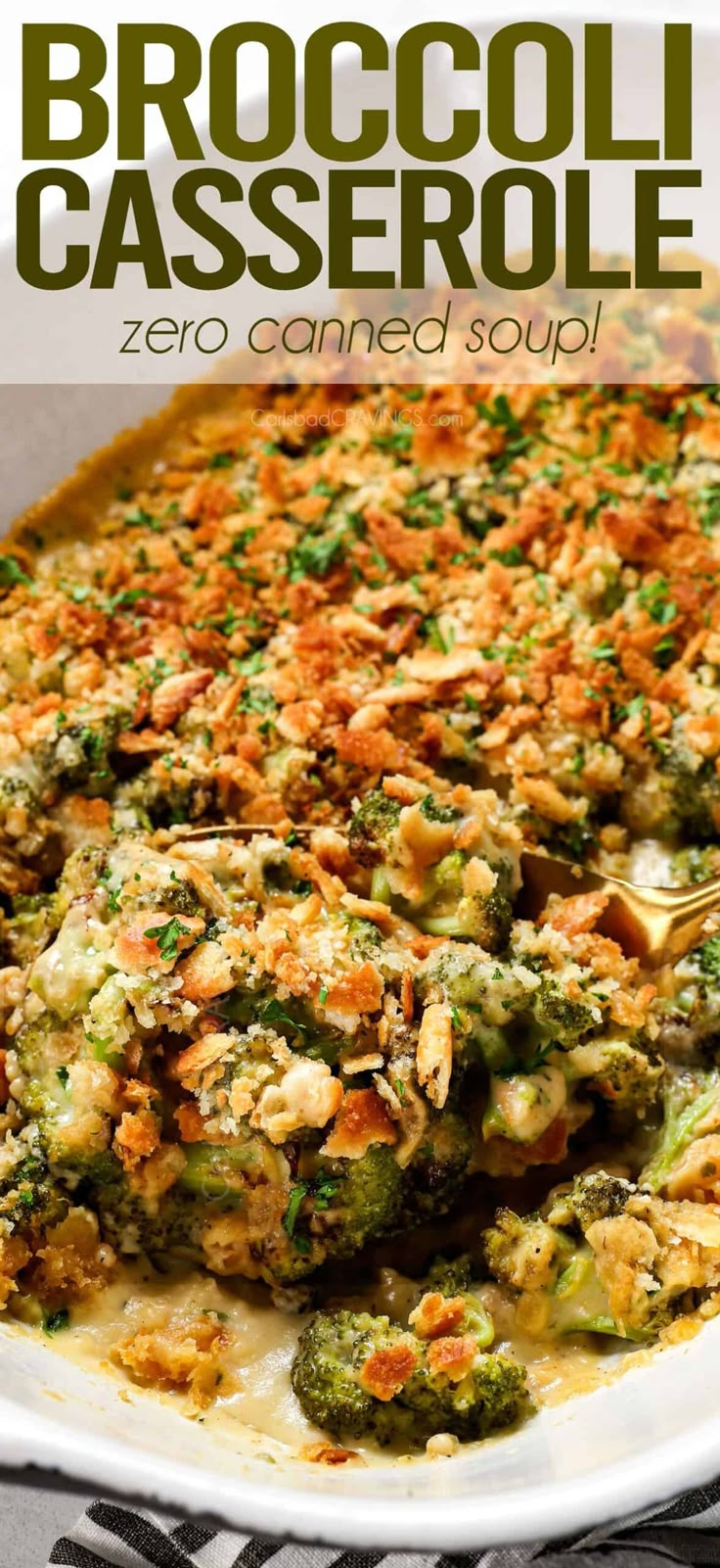 broccoli casserole in a white dish with text overlay