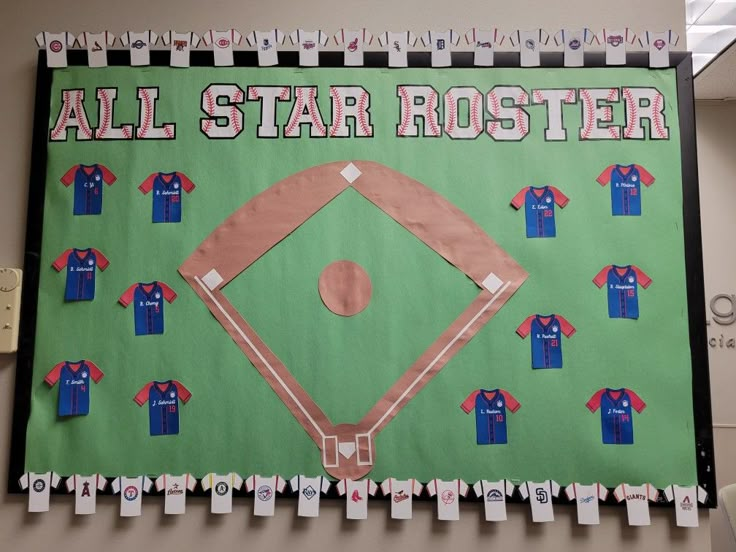 a baseball themed bulletin board with all star rosters and shirts on the field for each team