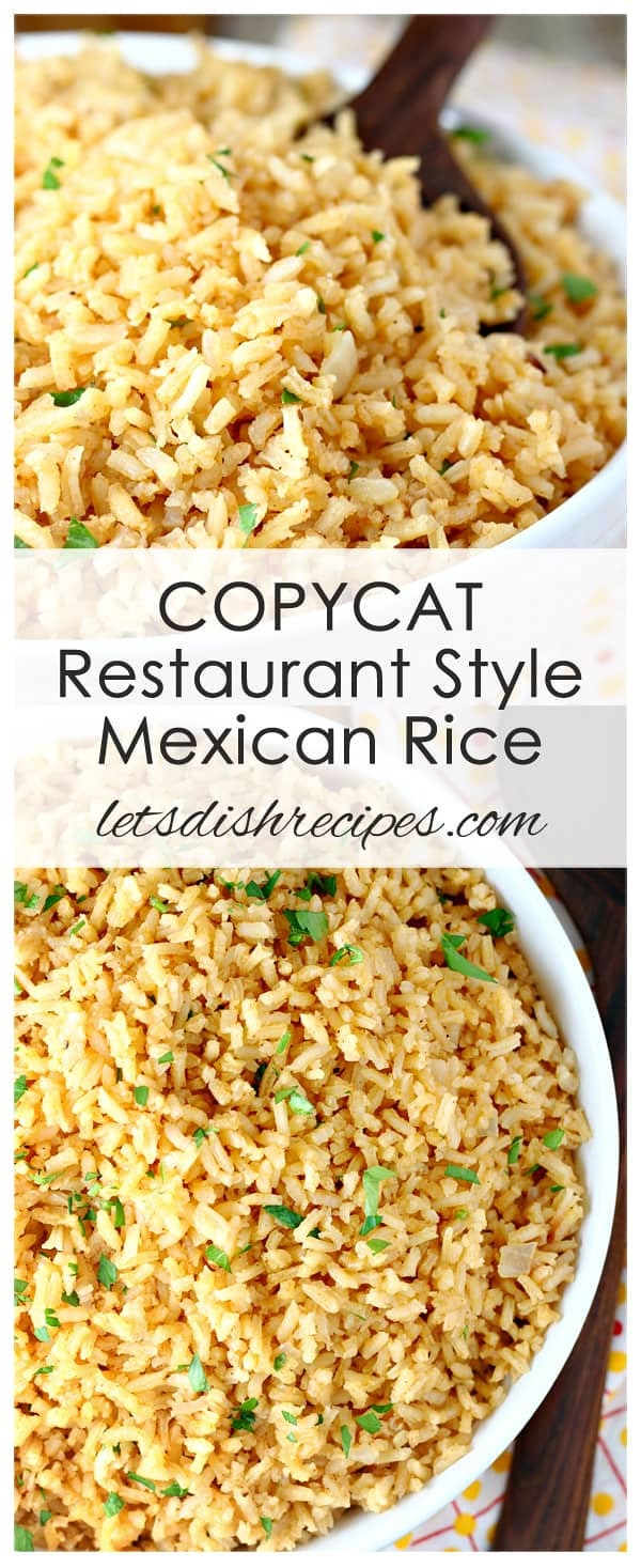 mexican rice in a white bowl with text overlay that reads copycat restaurant style mexican rice