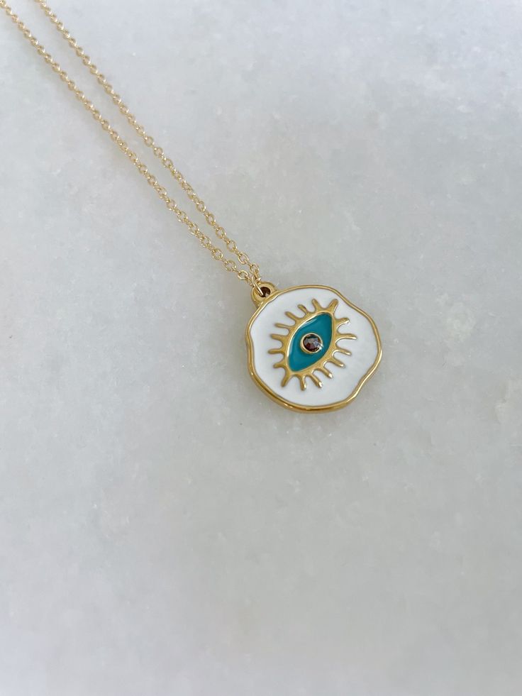 Fun and Colorful Evil Eye Necklace on 14k gold filled chain. Gift box included Evil Eye Necklace, Evil Eye Jewelry, Evil Eye Gift, Layering Necklace White Delicate Chain Jewelry As Gift For Her, White Delicate Chain Jewelry Gift For Her, White Jewelry With Delicate Chain As Gift For Her, Medallion Charm Necklace With Clavicle Chain As A Gift, Medallion Charm Necklace With Clavicle Chain For Gifts, White 14k Gold Jewelry With Adjustable Chain, White Round Pendant Jewelry Gift For Her, Personalized White Gold Plated Jewelry, Personalized White Gold-plated Jewelry