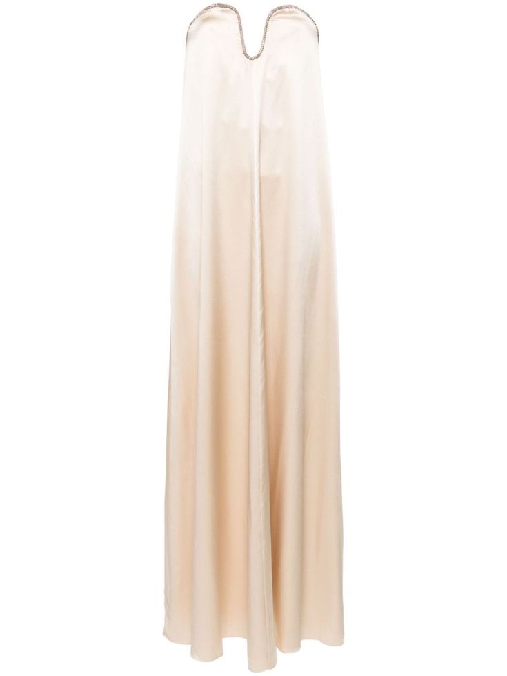 light beige silk satin weave sweetheart neck bustier-style neckline strapless rhinestone embellishment full lining long length curved hem concealed rear zip fastening Beige Silk, Satin Maxi, Roland Mouret, Satin Maxi Dress, Sweetheart Neck, Light Beige, Long Length, Silk Satin, Sweetheart Neckline