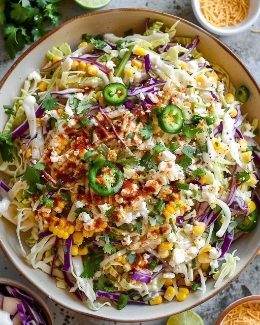 a white bowl filled with coleslaw slaw and topped with green peppers, jalapenos