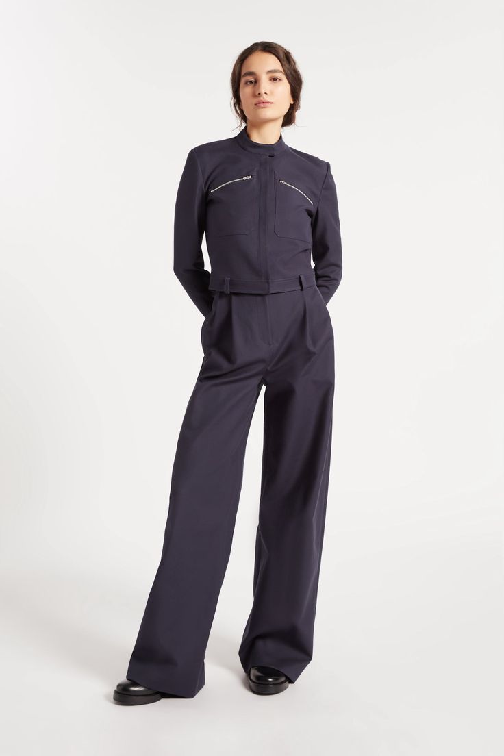 High waisted pleat front wide leg trousers cut in navy lux crepe. Wide Leg Trousers, Wide Leg, Jumpsuit, Trousers, High Waisted, Navy