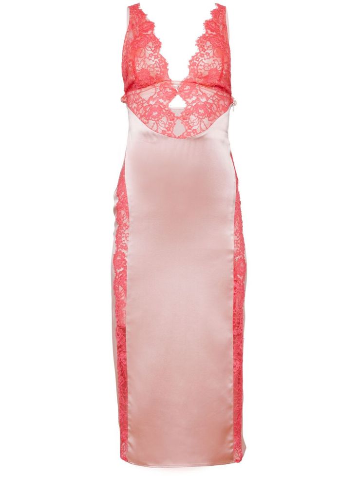 rose pink/bright red silk floral-lace detailing plunging V-neck adjustable spaghetti straps sleeveless built-in underwire bra lace trim mid-calf length concealed side zip fastening straight hem Midi Dress Pink, Bra Lace, Wedding Guest Looks, Silk Lace, City Dress, Silk Midi Dress, Pink Midi Dress, Lace Midi, Silk Charmeuse