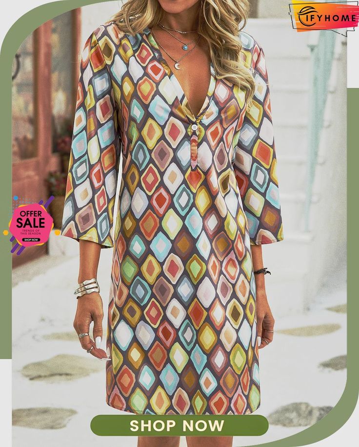 Casual Boho Geometric Printed Dress V-neck Dresses With Geometric Pattern For Beach, Casual A-line Dress With Abstract Print, Casual A-line Dress With Geometric Pattern, Multicolor Geometric Pattern Casual Dress, Summer V-neck Dress With Abstract Print, Long Sleeve Beach Dress With Abstract Print, Printed A-line Shift Mini Dress, Chic Multicolor Geometric Pattern Dress, Geometric Pattern Mini Dress For Summer