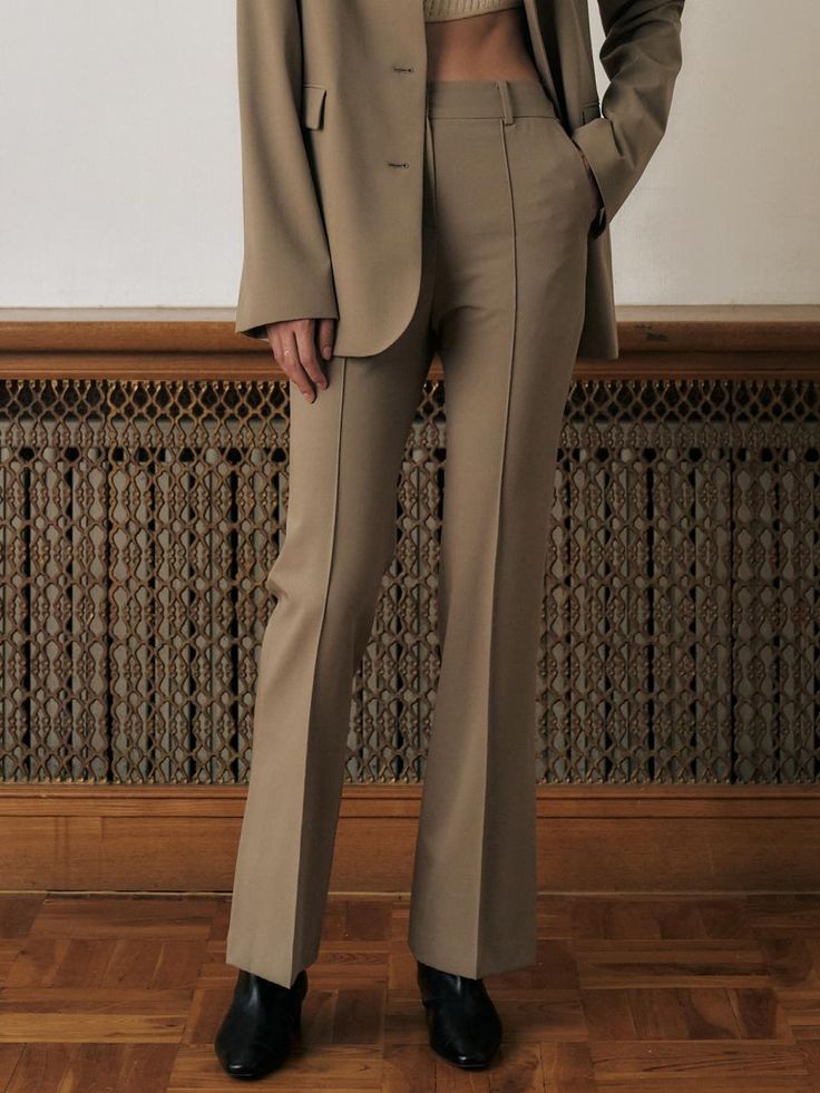 Color: BeigeCountry of Origin : Republic of Korea Brown Office Pants With Pressed Crease, Chic Formal Beige Pants, Chic Beige Pants For Formal Occasions, Formal Beige Pantsuit With Straight Pants, Beige Formal Pantsuit With Straight Pants, Beige Straight Pantsuit For Formal Occasions, Formal Full-length Neutral Pants, Elegant Beige Ankle-length Pants, Elegant Beige Pants For Office