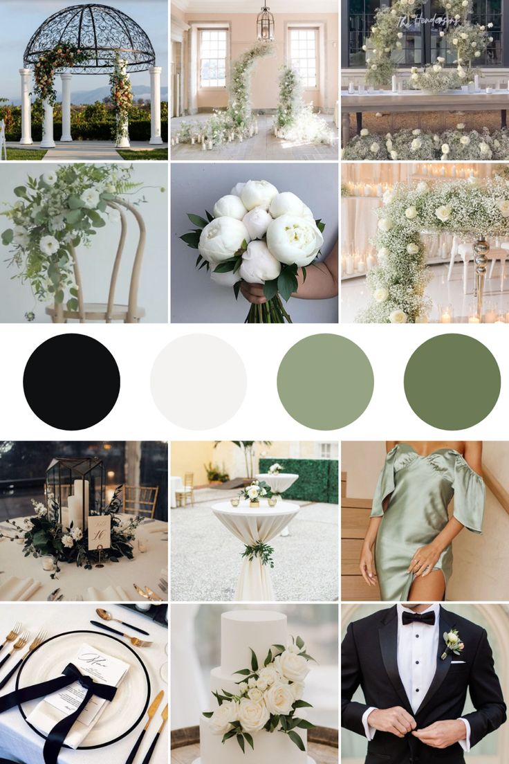 a collage of photos with white flowers and greenery on the table, black tie, green napkins