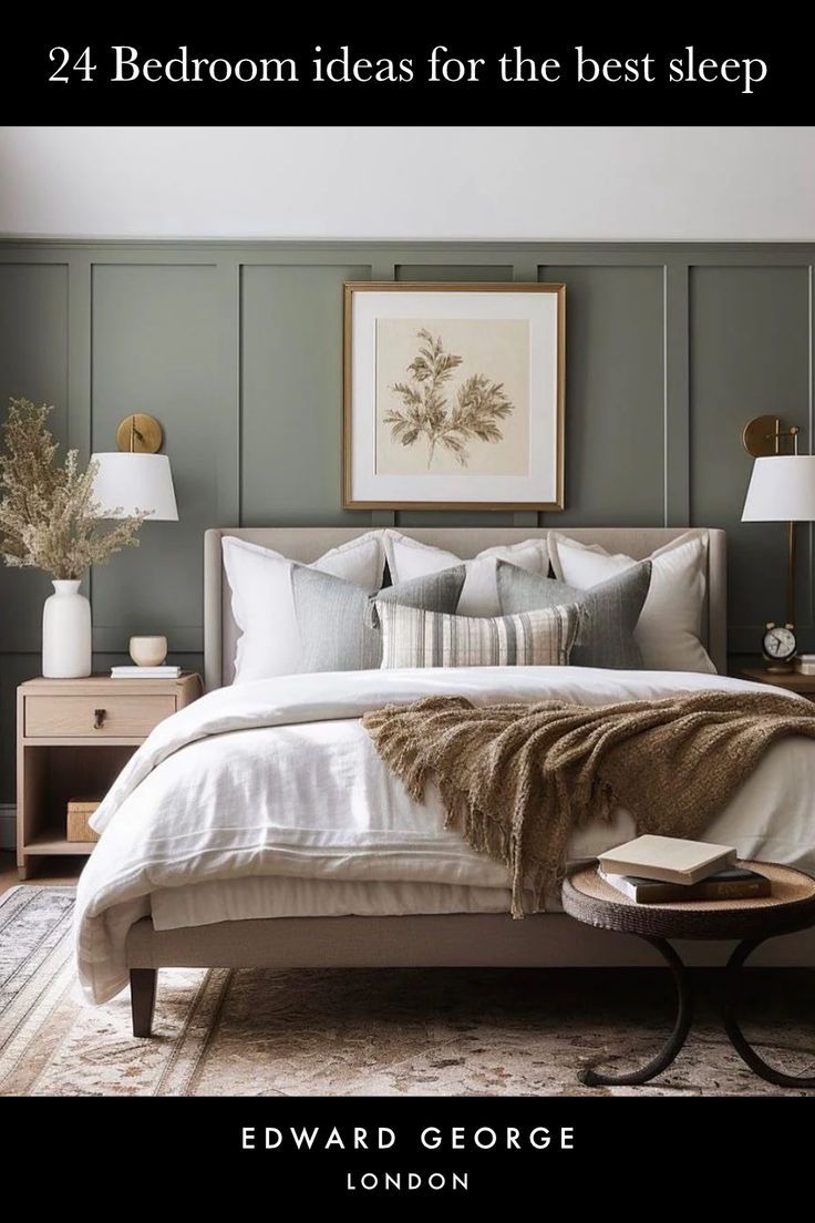 Discover 24 bedroom ideas designed for the ultimate sleep experience. From serene color palettes to cozy decor, find inspiration to create your dream sleep sanctuary. #BedroomIdeas #SleepWell #HomeDeco Bedding Ideas Dark Furniture, Creative Bedroom, Bedroom Decor Cozy, Accent Wall Bedroom, Bedroom Accent, Bedroom Refresh, Bedroom Green, Master Bedrooms Decor, Remodel Bedroom