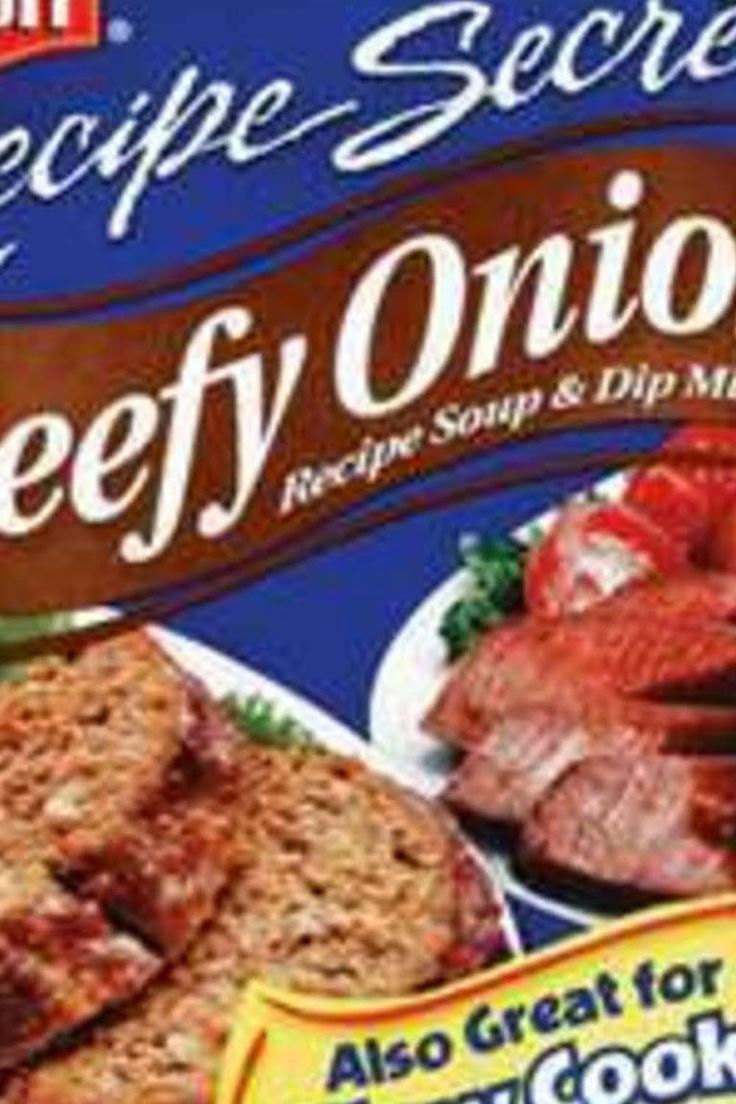 an advertisement for beefy onion with meat on the side and other foods in it