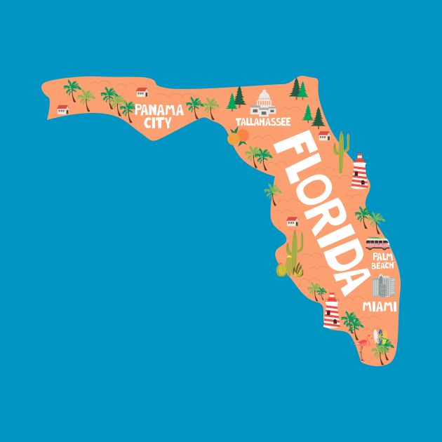 a map of florida with the capital and major cities in orange on a blue background