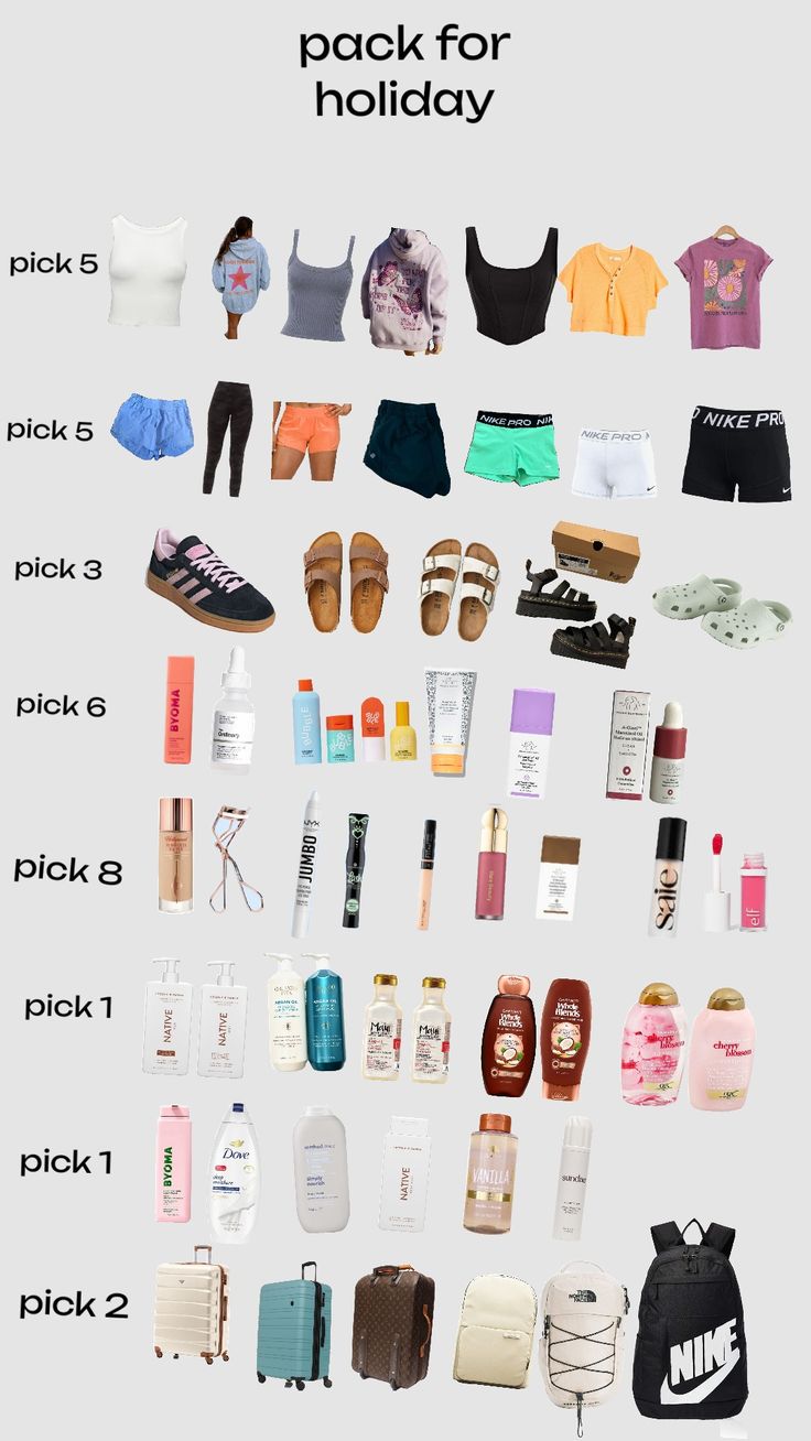 the contents of a travel bag are shown in this graphic style, including clothing and shoes