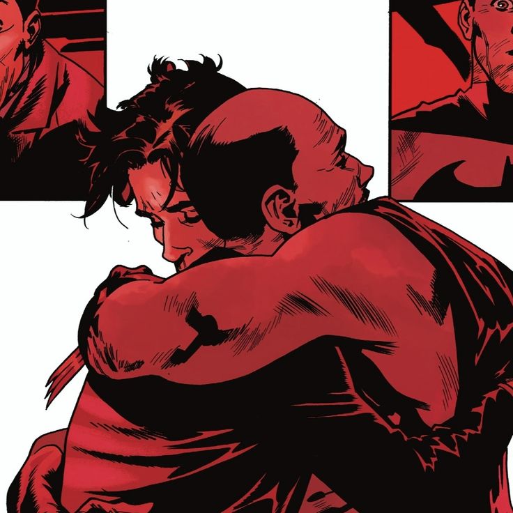 an image of a man being hugged by another man in red and black comics style