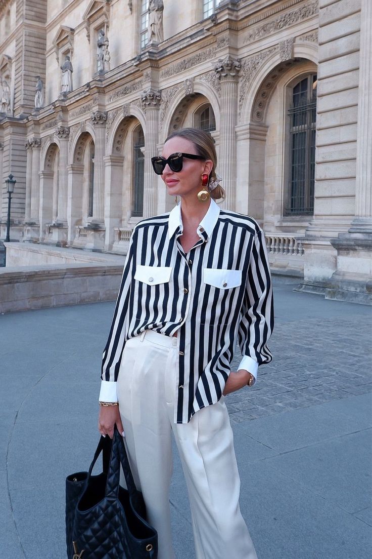 Satin Striped Shirt Outfit, Silk Striped Shirt, Black And White Stripes Outfit, Stripe Shirt Outfit, Striped Blouse Outfit, Wester Wear, Striped Shirt Outfit, Black Shirt Outfits, Outfits With Striped Shirts