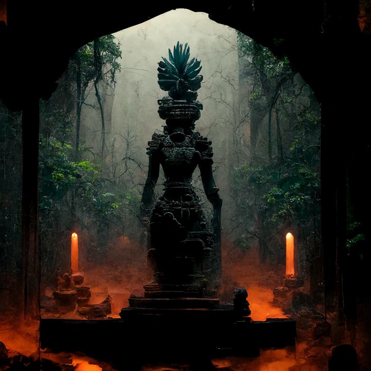 a statue in the middle of a forest surrounded by candles