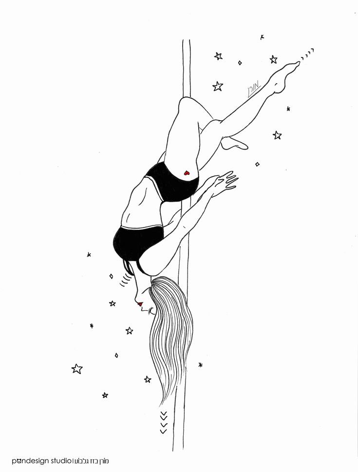 a drawing of a woman hanging upside down on a pole with stars in the background