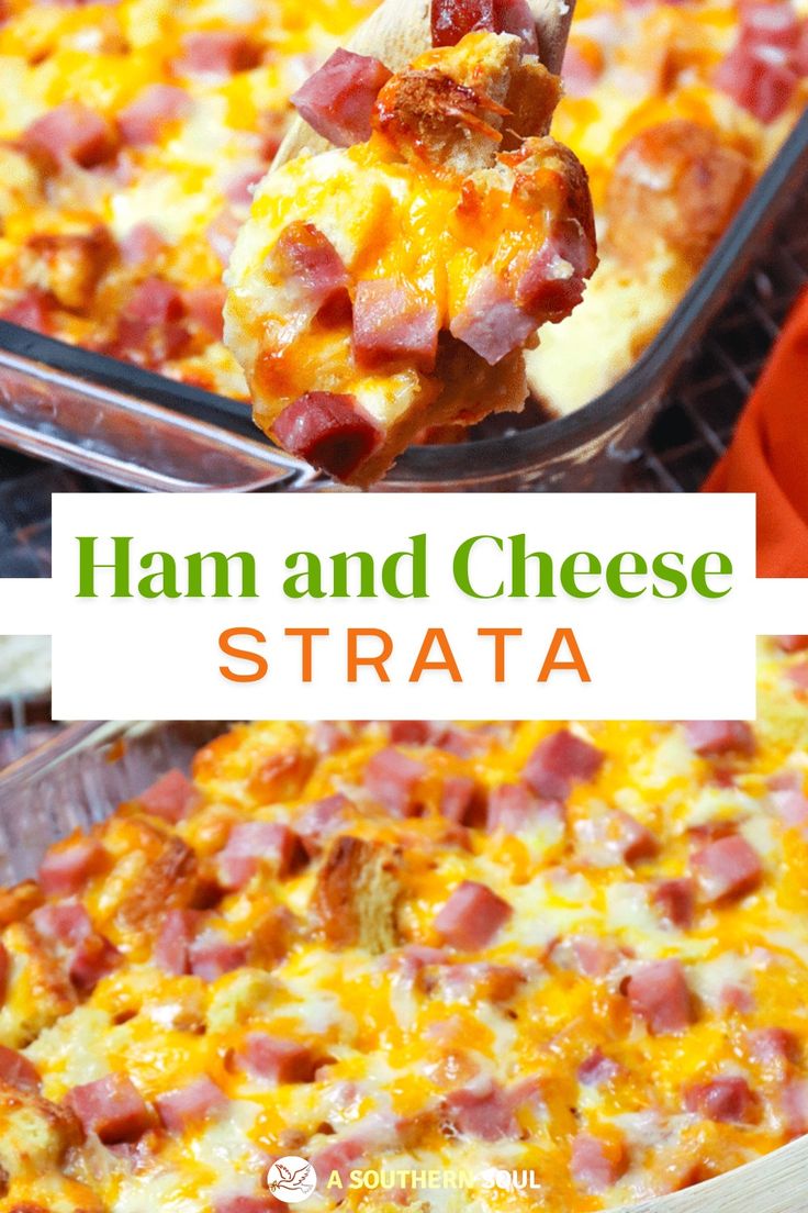 ham and cheese strata casserole on a spatula with text overlay