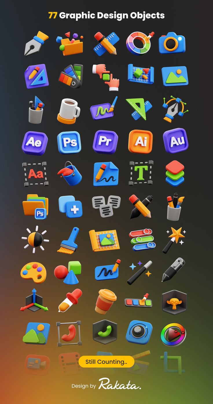 a bunch of different types of icons on a dark background with the title, 17 graphic design objects