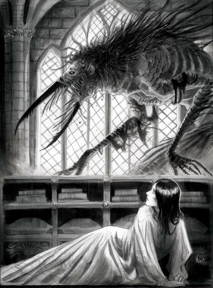 a woman sitting in front of a window next to a large dragon flying over her head