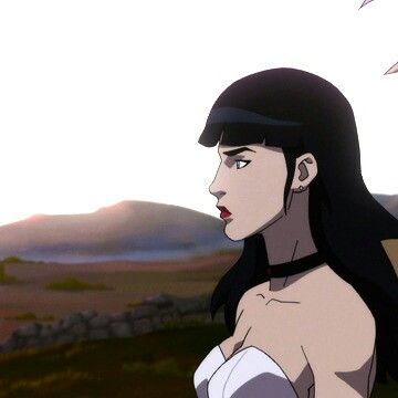 an animated image of a woman with long black hair and no shirt, standing in front of mountains