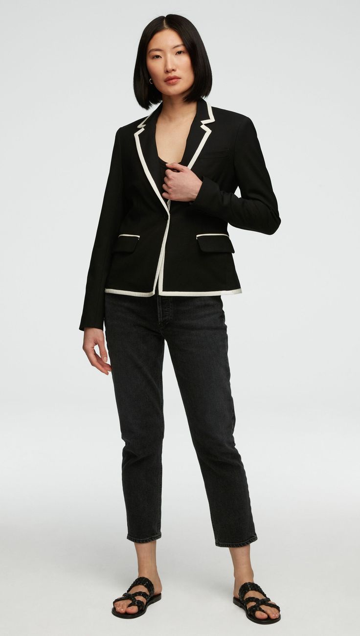 Featuring contrasting white grosgrain trim at the collar and lapel, our Piped Blazer made from seasonless Italian wool is ultra-chic and ultra-versatile. Design highlights include our signature interior pockets and smart cuff for sleeves that scrunch and magically stay in place. Dress it up with a pant, or down to denim. Place Dress, Lapel Blazer, Women's Blazers, Good To See You, Flare Trousers, Womens Blazers, Double Breasted Blazer, Get Dressed, Outerwear Jackets