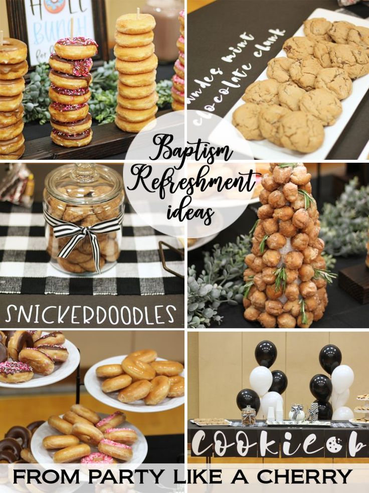 a collage of different desserts and pastries on display at a buffet table