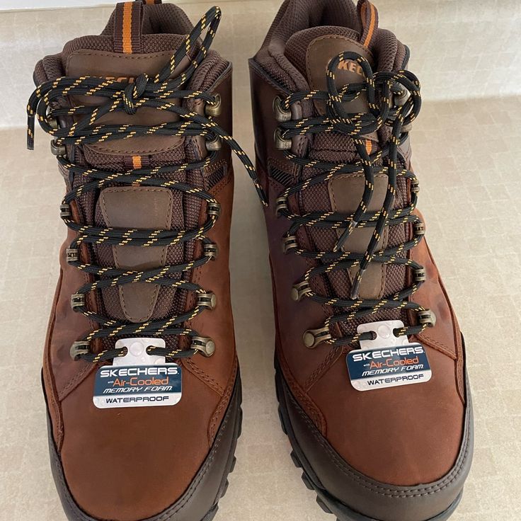 Mens Hiking Boots Size 11 Never Worn Skechers Brand Waterproof Brown Lace-up Boots, Brown Weatherproof Lace-up Boots, Brown Ankle-high Hiking Boots With Vibram Sole, Brown High-top Hiking Boots With Reinforced Toe, Brown Plain Toe Waterproof Boots For Outdoor, Brown Hiking Boots With Cushioned Footbed, Brown Work Boots With Cushioned Footbed For Outdoor Work, Brown Cushioned Work Boots For Outdoor, Rugged Brown Waterproof Ankle-high Boots