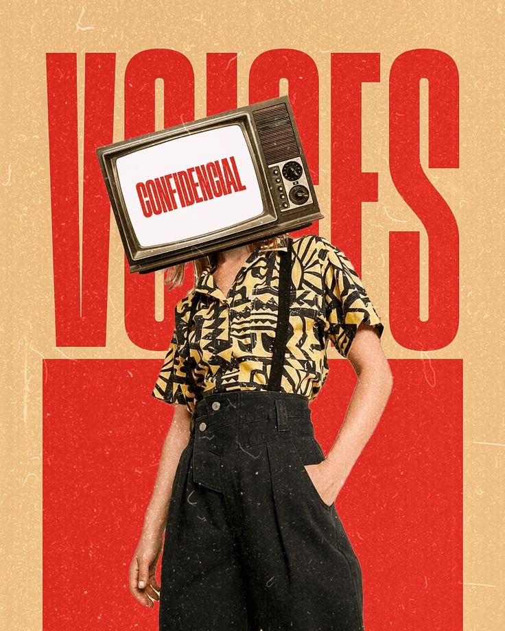 a woman in overalls with a tv on her head and words written underneath it