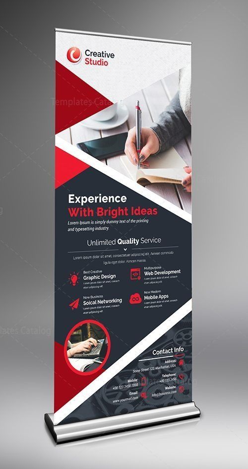 a roll up banner with an image of a person writing on it, and the words experience