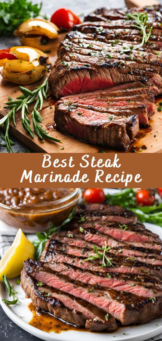 the best steak marinade recipe is made with fresh herbs and served on a white plate