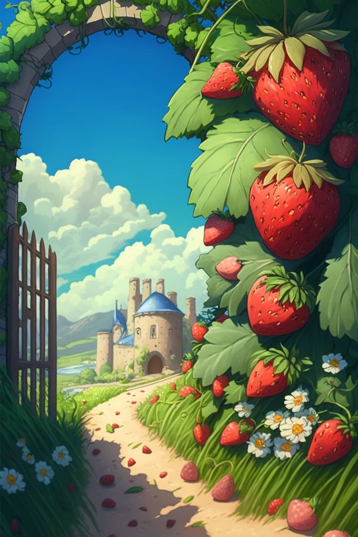 a painting of strawberries growing on the side of a tree near a castle entrance