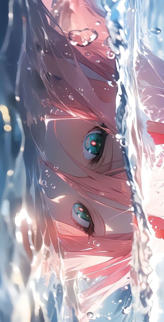 an anime character with pink hair and blue eyes in the water, looking at something