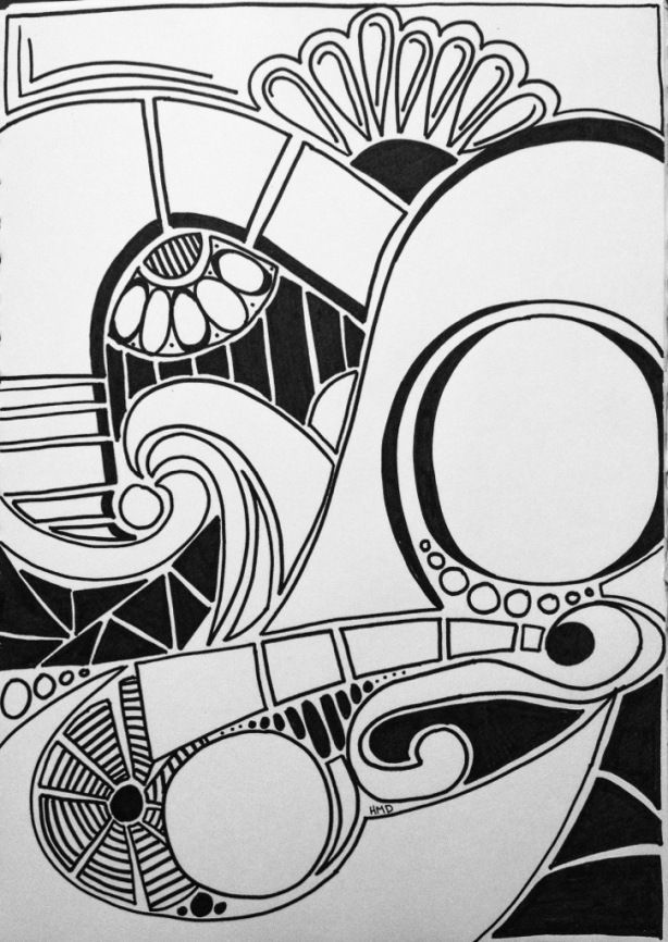 a black and white drawing of an abstract design with swirls, circles, and shapes